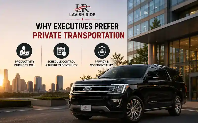 Ford Expedition outside a modern office building, highlighting executive transportation with productivity, schedule flexibility, privacy, and comfortable long-distance business travel.